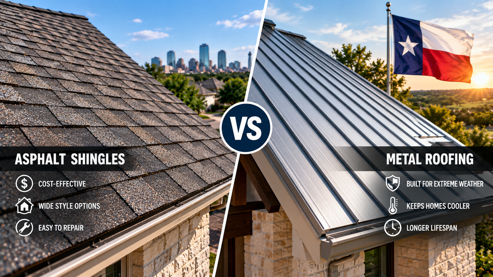 Asphalt Shingles vs. Metal Roofing for Texas Homes